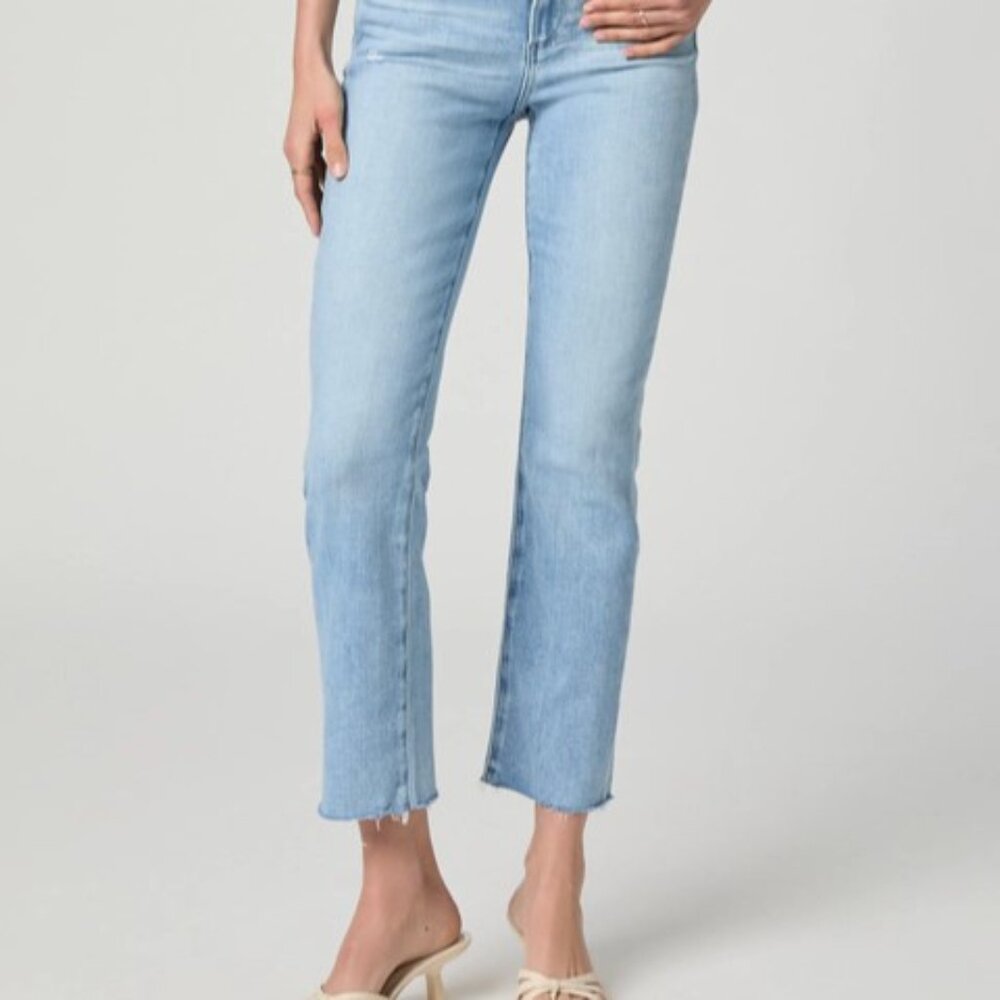 NWOT PAIGE JACQUELINE STRAIGHT Jeans Raw Hems In Heavenly Distressed Size 25
